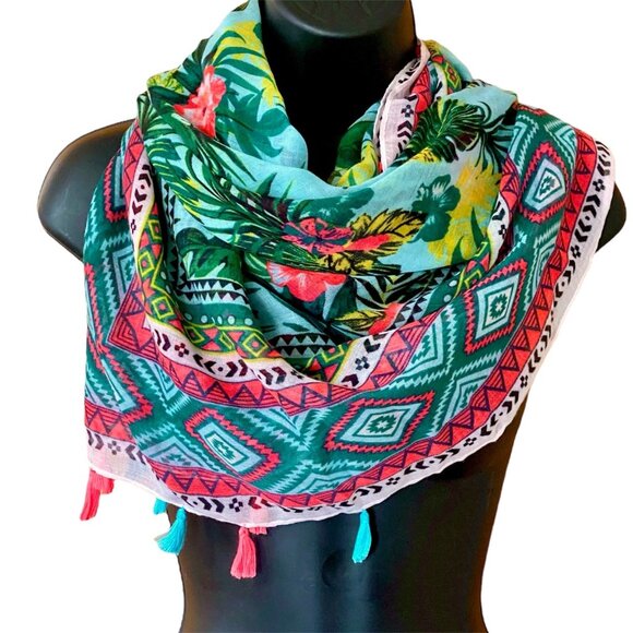 Charming Charlie Scarf Colorfal Floral Design Tassels Beach Wrap Headscarf - Picture 1 of 6